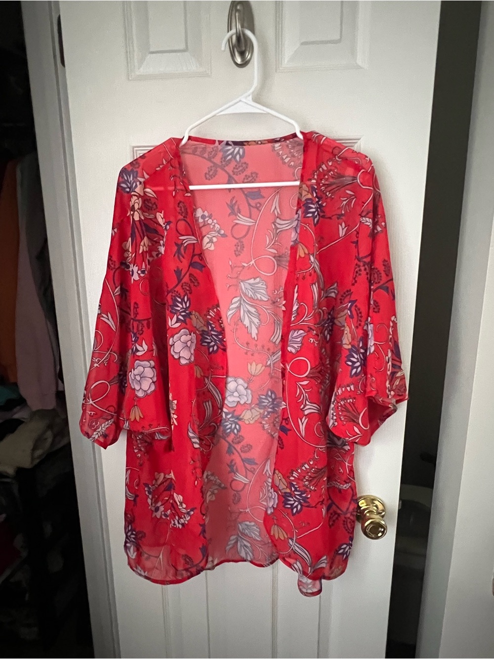 Amazon Essentials Red Floral Sheer Kimono Tunic